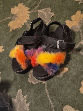 Dr. Martens Black Sandals with Rainbow Faux Fur Strap